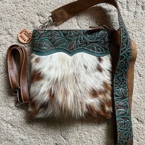 Crimson willow crossbody leather and hair on hide purse